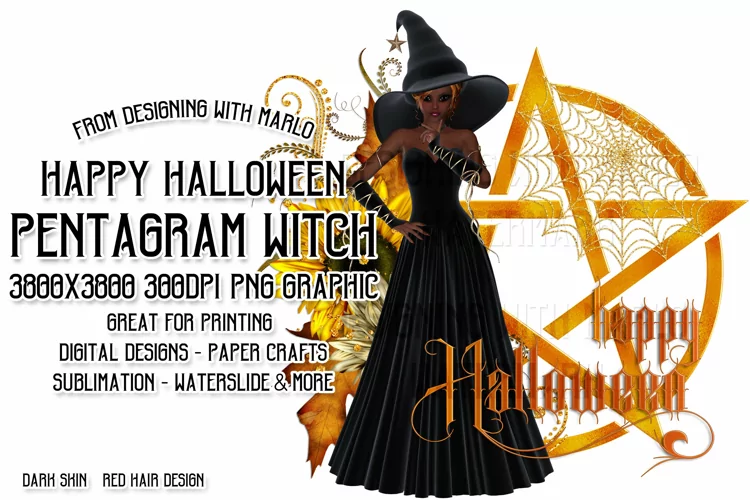 Happy Halloween Pentagram Red Hair Dark Witch PNG Graphic
