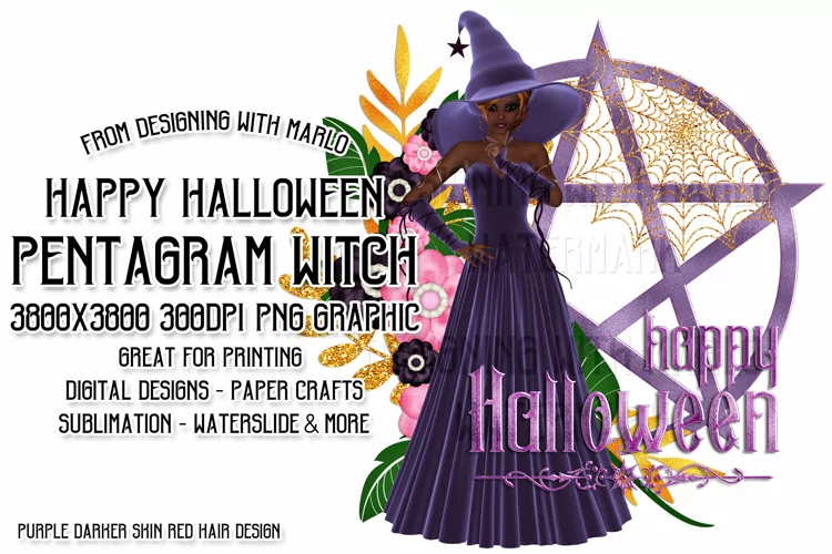 Purple Halloween Pentagram Red Hair Dark Witch PNG Graphic