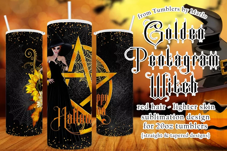 Halloween Witch Golden Pentgram 20oz Tumbler, Red Hair