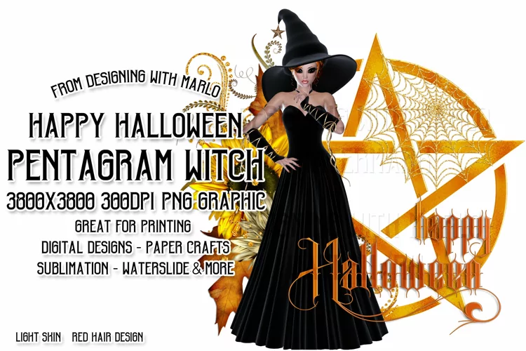 Happy Halloween Pentagram Red Hair Light Witch PNG Graphic