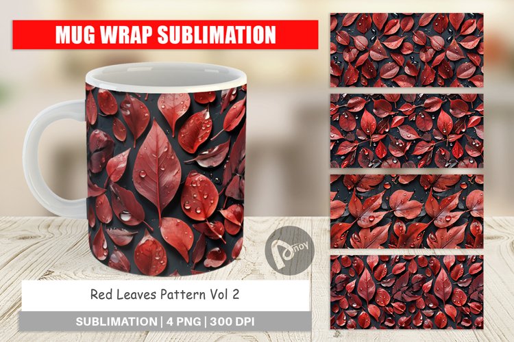 Mug Wrap Design Red Leaves Pattern