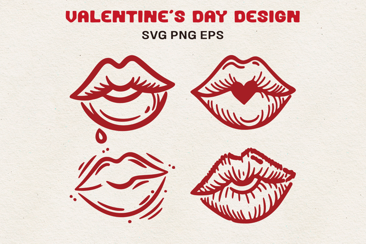 Valentine Red Lips Love Kiss Line Art SVG