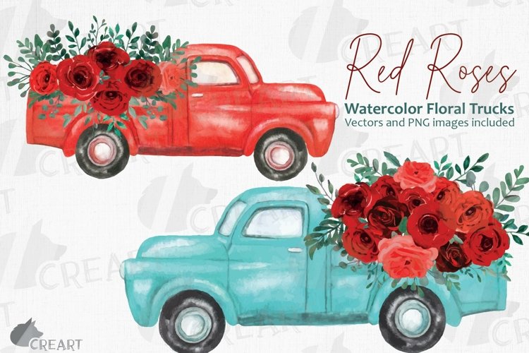 Red rose watercolor flower pickup truck graphics clip art example image 1