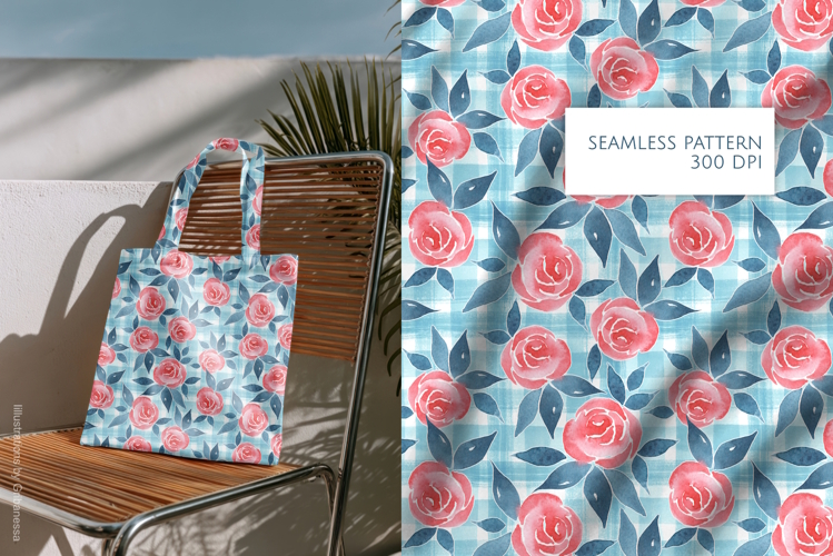 Red Roses on Blue Plaid Watercolor Pattern