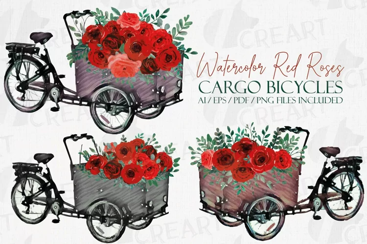 Red roses floral cargo bikes flower shop, wedding decoration