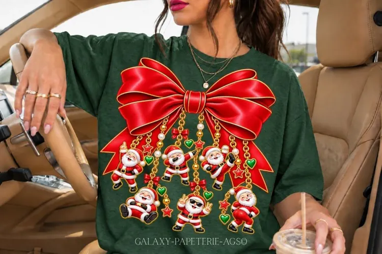Red Santa Bow PNG with Funny Christmas Charms