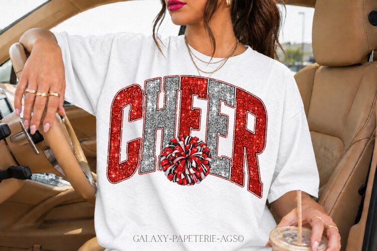 Cheer PNG | Red Silver Glitter Pom Pom Design example image 1