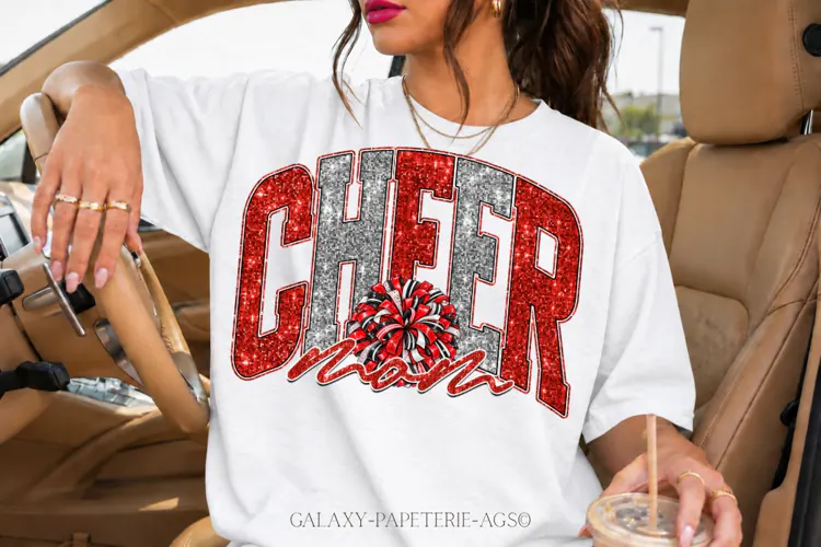 Cheer Mom PNG | Red Silver Glitter Pom Pom Design