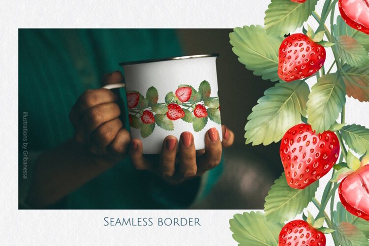 Red Strawberry Seamless Border with Green Leaves PNG example image 1