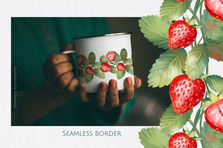 Red Strawberry Seamless Border with Green Leaves PNG