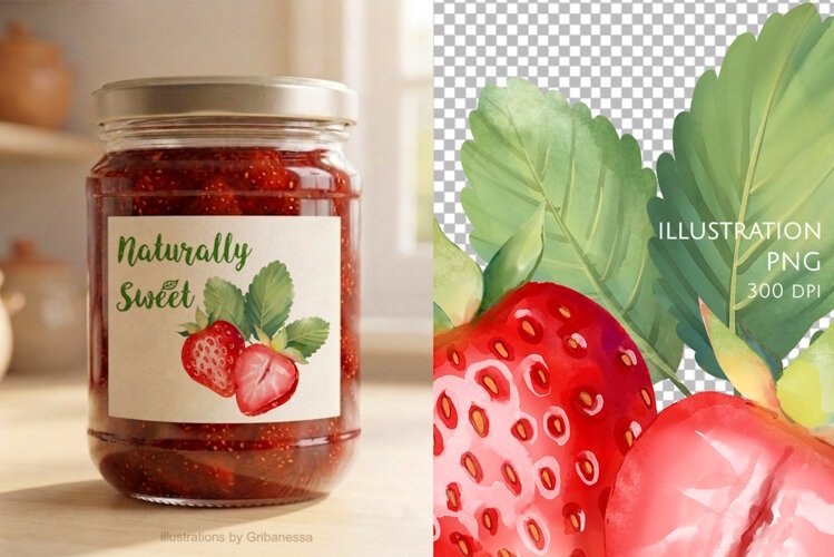 Red Strawberry with Green Leaves PNG example image 1