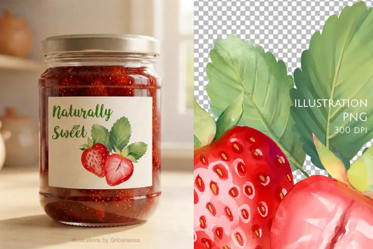 Red Strawberry with Green Leaves PNG
