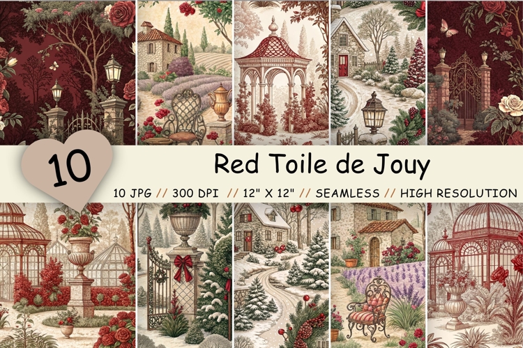 Red Toile de Jouy Digital Paper Pack, Seamless French