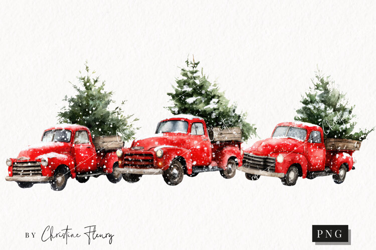 Vintage Christmas Truck and Tree Clipart | Christmas PNG example image 1