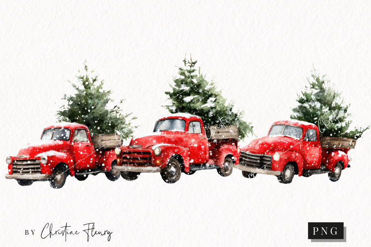 Vintage Christmas Truck and Tree Clipart | Christmas PNG