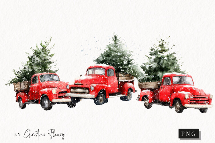Vintage Christmas Truck and Tree Clipart | Christmas PNG example image 1