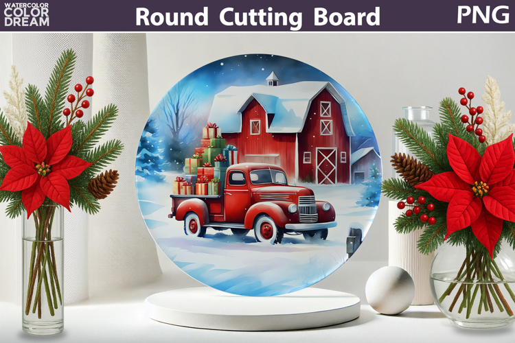 Vintage Red Truck Kitchen | Christmas Round Cutting Board example image 1