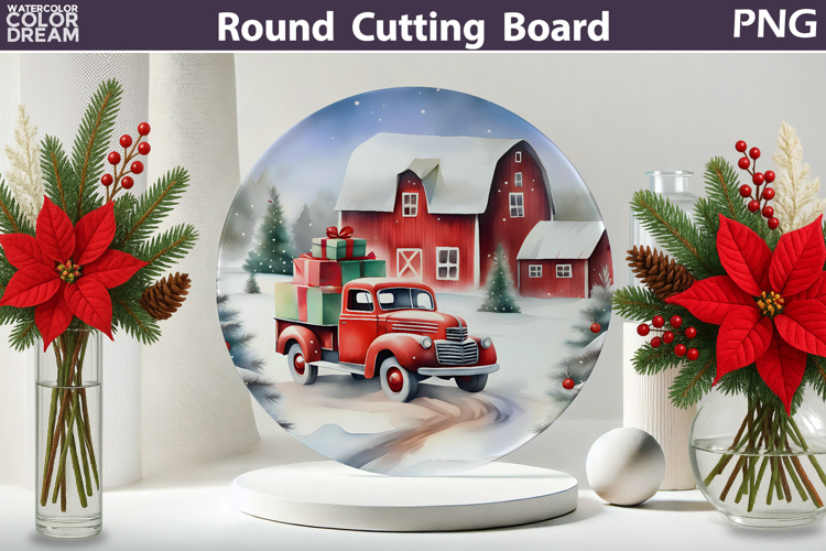 Vintage Red Truck Kitchen | Christmas Round Cutting Board