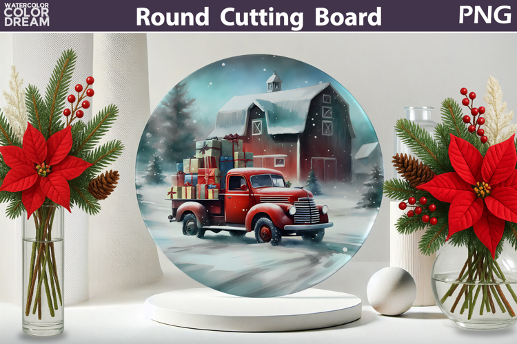 Vintage Red Truck Kitchen | Christmas Round Cutting Board