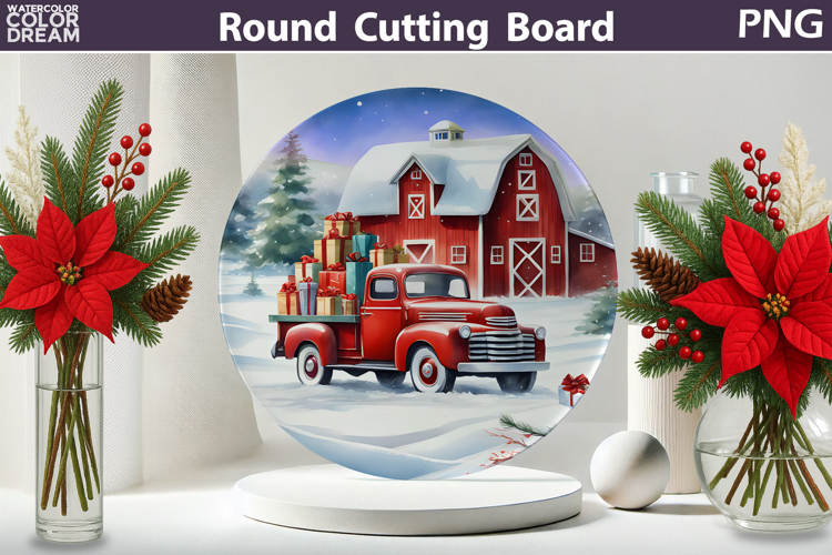 Vintage Red Truck Kitchen | Christmas Round Cutting Board