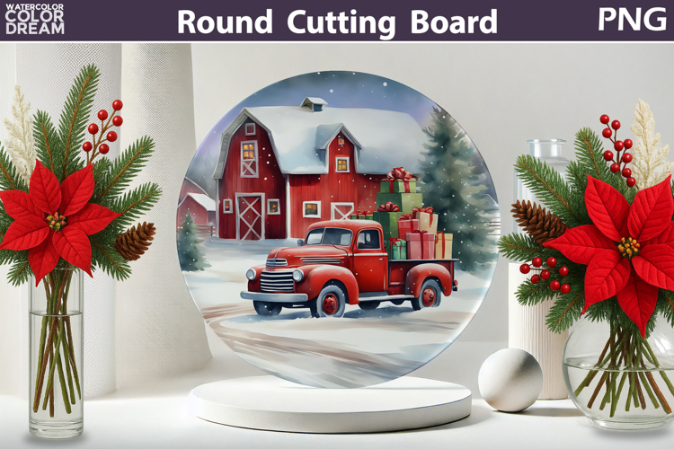 Vintage Red Truck Kitchen | Christmas Round Cutting Board