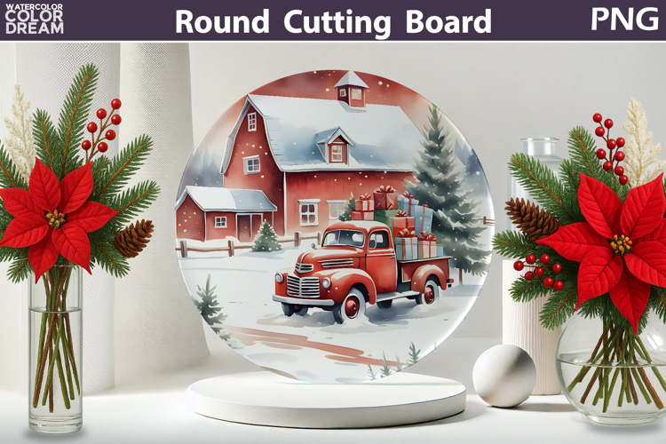 Vintage Red Truck Kitchen | Christmas Round Cutting Board