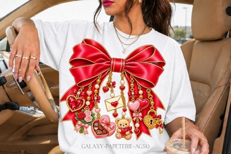 Red Valentine Bow PNG with Hearts and Teddy Bear Charms example image 1