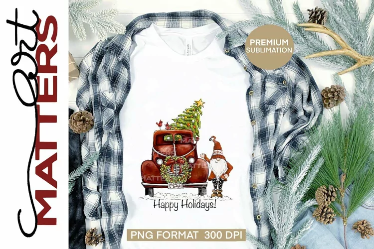 Red Vintage Truck Santa Gnome - 300 DPI - Hand Painted