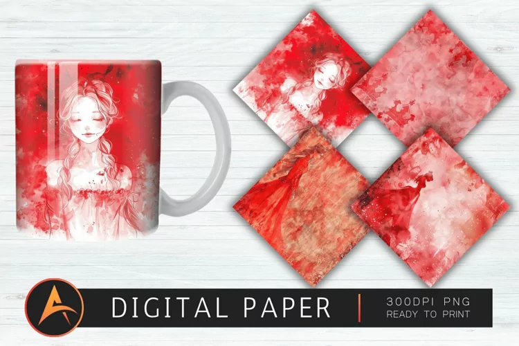 Red Watercolor Princess Digital Paper PNG