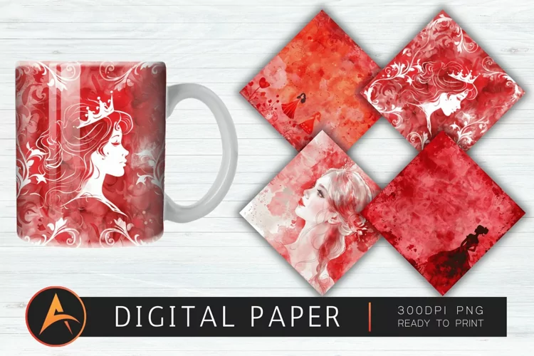 Red Watercolor Princess Digital Paper PNG