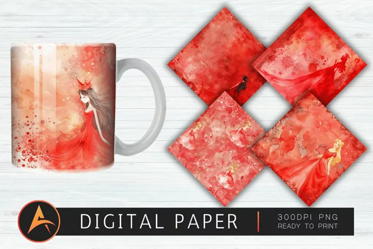 Red Watercolor Princess Digital Paper