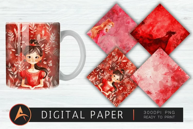 Red Watercolor Princess Digital Paper pattern