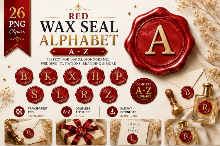Red Wax Seal Alphabet Clipart Bundle A-Z | Monogram Letters
