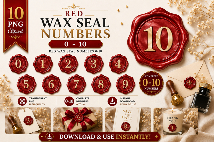 Red Wax Seal Numbers Clipart Bundle 0-10 | Number Monogram