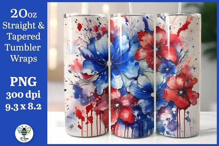 Patriotic Watercolor Floral Tumbler Wrap | 4th of July PNG