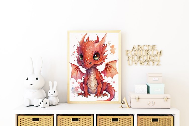 Watercolor Baby Red Dragon Nursery Wall Art