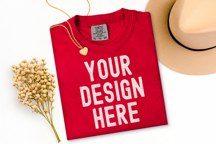 Comfort Colors C1717 Red Shirt Mockup, Flat Lay Mockup