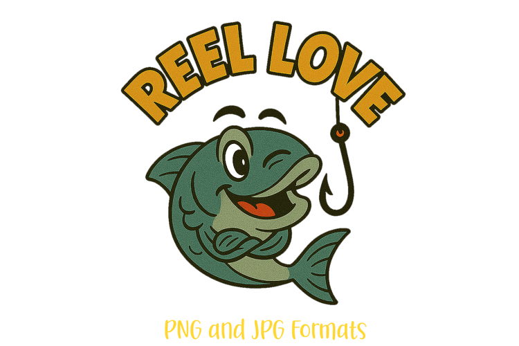 Reel Love Fishing Pun Logo Slogan Illustration PNG Cartoon