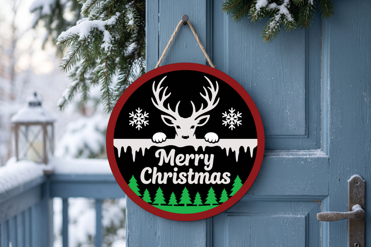 Reindeer Christmas Door Hanger SVG, Round Wooden Laser Cut