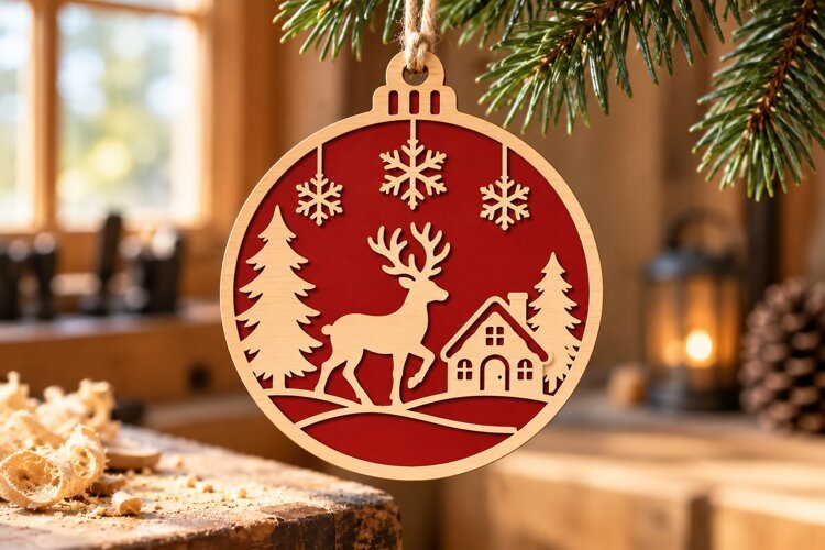 Reindeer Cottage Christmas Ornament SVG example image 1