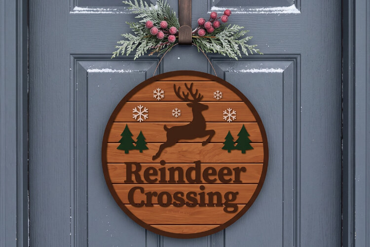 Reindeer Crossing Door Hanger SVG, Christmas Laser Cut File example image 1