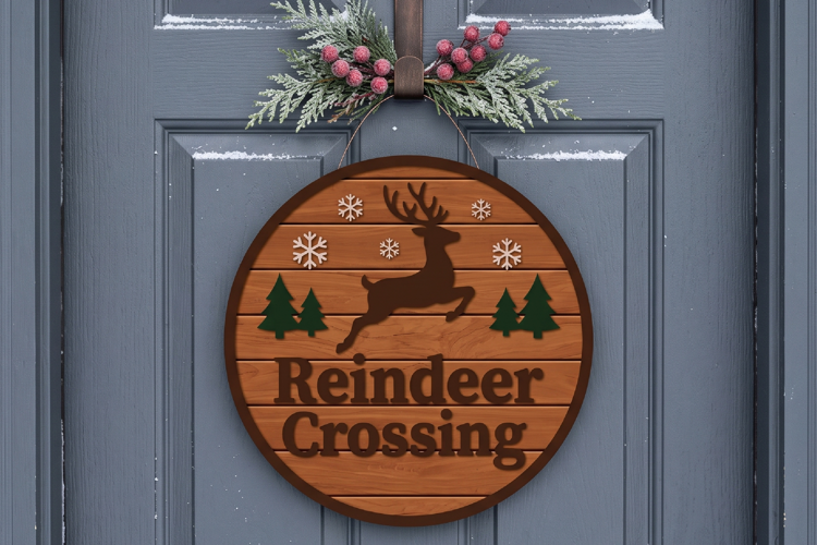 Reindeer Crossing Door Hanger SVG, Christmas Laser Cut File