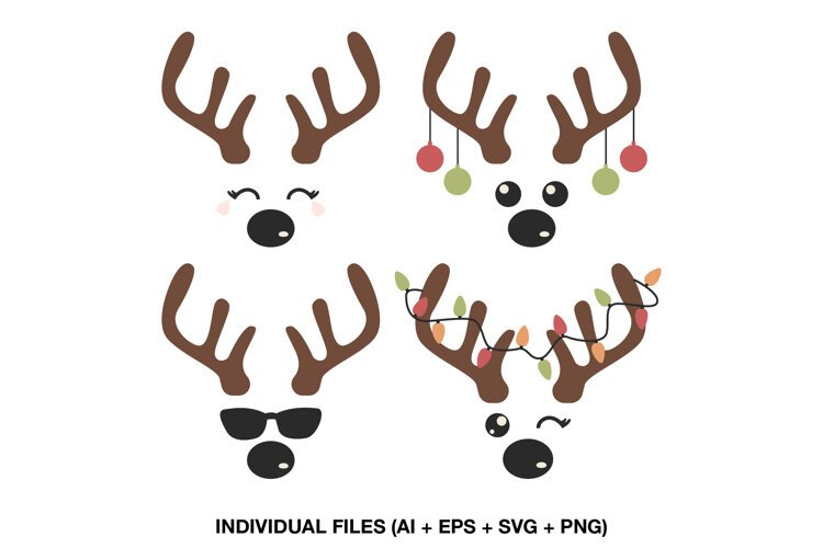 Reindeer face SVG collection with four coordinated Christmas designs