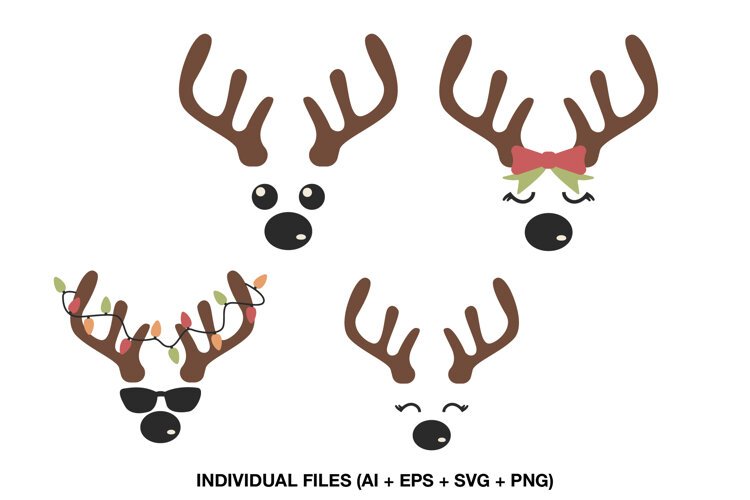 Four cute Christmas reindeer face designs with brown antlers