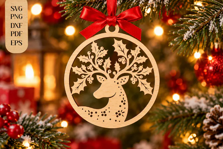 Reindeer Holly Christmas Ornament Laser Cut SVG