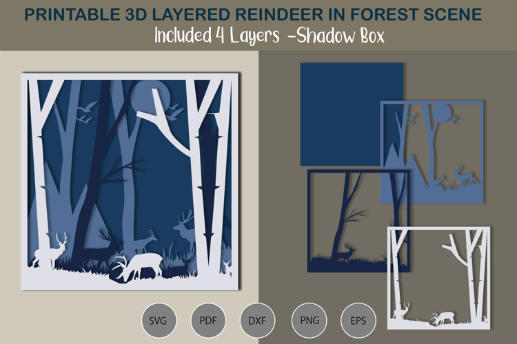 Reindeer in forest scene SVG shadow box