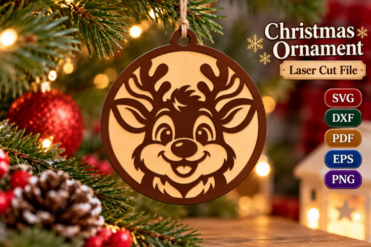 Reindeer Ornament SVG File, Christmas Laser Cut Craft File