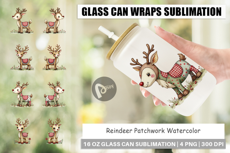 Reindeer Patchwork Glass Can