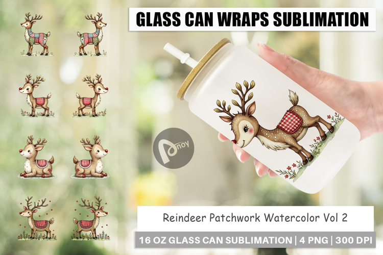 Reindeer Patchwork Glass Can