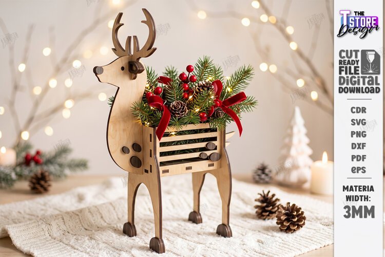 Christmas Reindeer Planter Decor Laser Cut | Holiday Decor example image 1